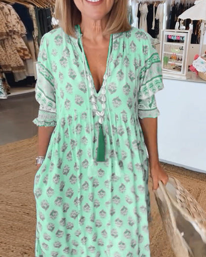 Damen Sommerkleid V-Ausschnitt Bedruckt Midi