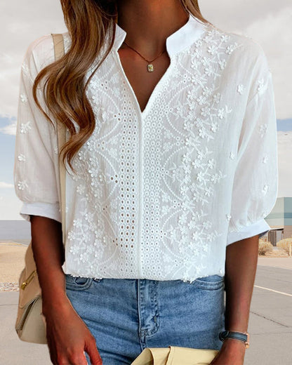 Damen Bluse V-Ausschnitt Puffärmel Elegante Seide