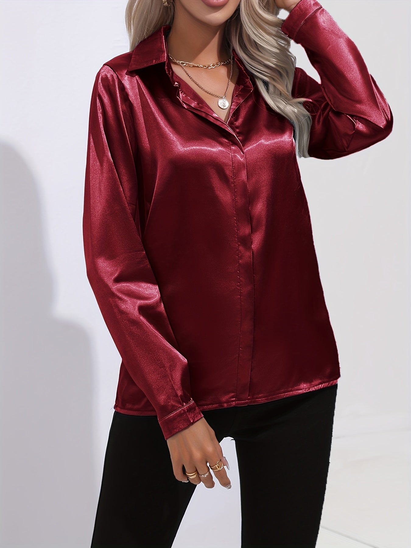 Damen Satinhemd Elegantes Langarmoberteil
