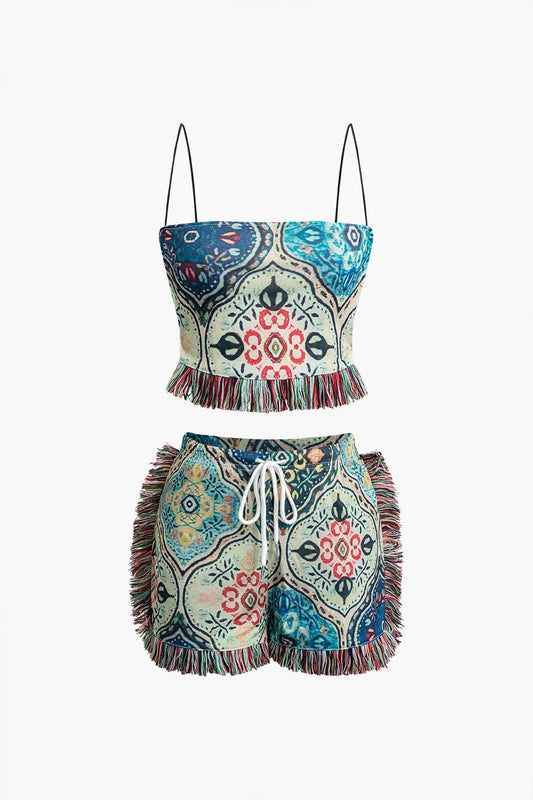 Boho Damen-Zweiteiler-Set Blumenprint Fransen - Norvielle