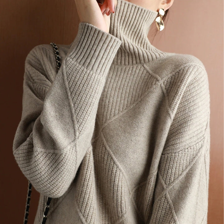 Damen Rollkragenpullover Weich Zopfmuster