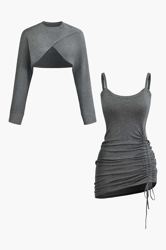 Damen Zweiteiler Set Pullover Rafftes Kleid Cutout - Norvielle