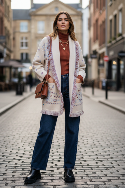 Damen Strickcardigan Warm mit Fransen und Muster