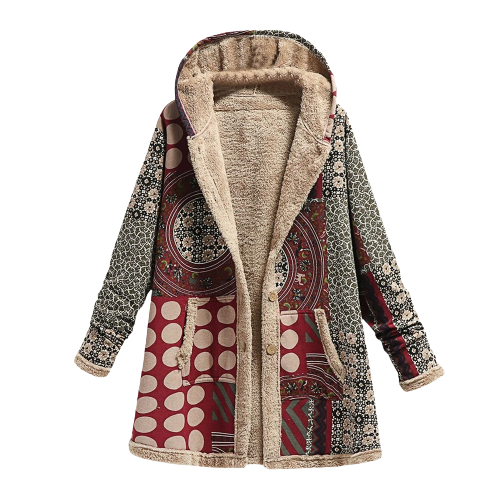 Damen Kapuzenmantel Patchwork Gefüttert Mit Knöpfe Und Taschen