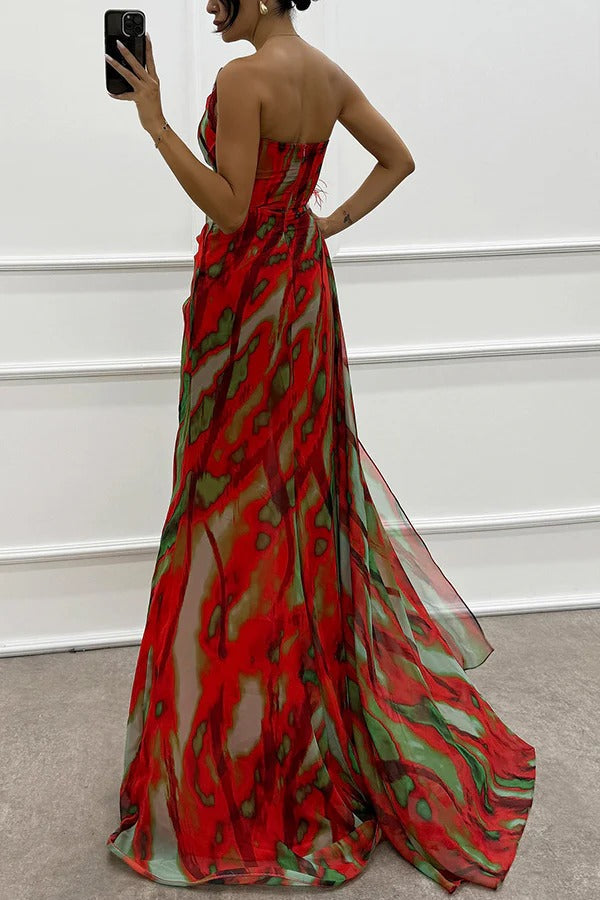 Damen Maxikleid Schulterfrei Lang Abendkleid mit Hochschlitz