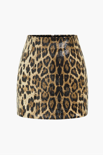 Damen Minirock Pailletten Leopard-Print - Norvielle