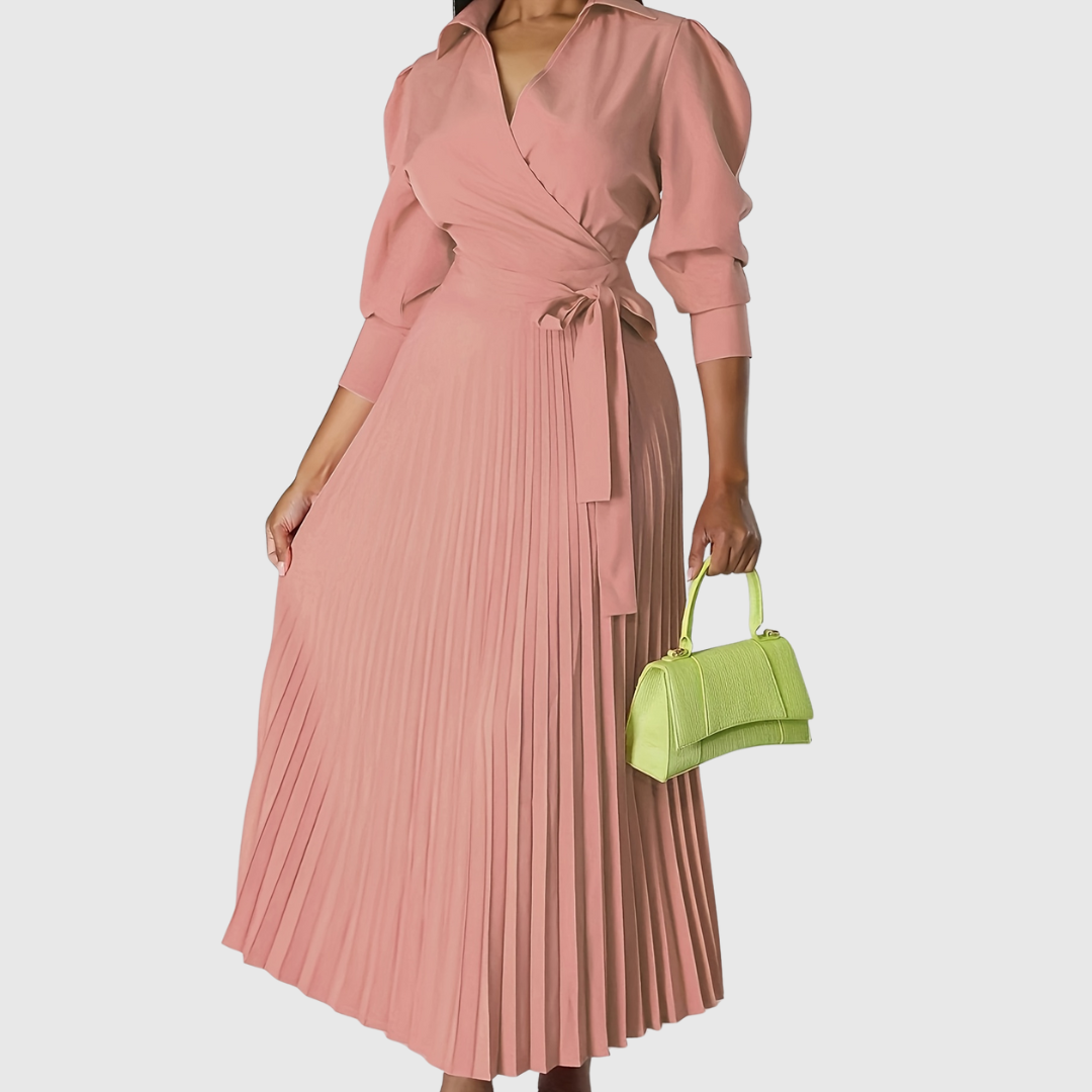 Damen Midikleid V-Ausschnitt Plissiert Elegantes Kleid
