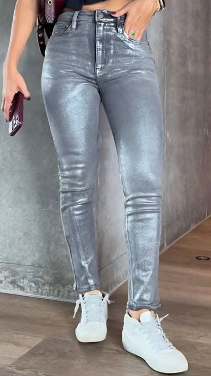 Damen Skinny Jeans Glänzend Slim Fit Schwarz - Norvielle