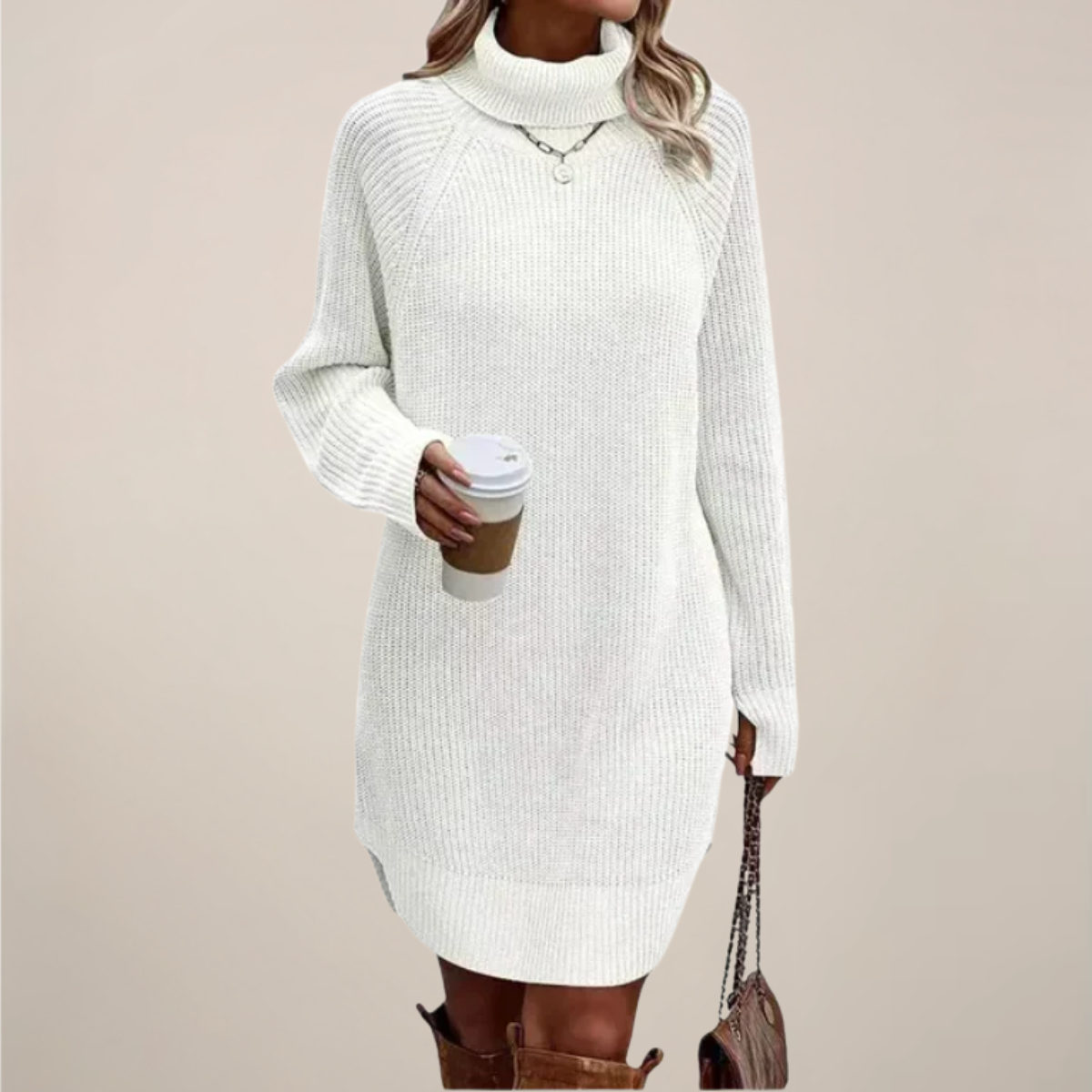 Damen Langarm Pulloverkleid Rollkragen Warm
