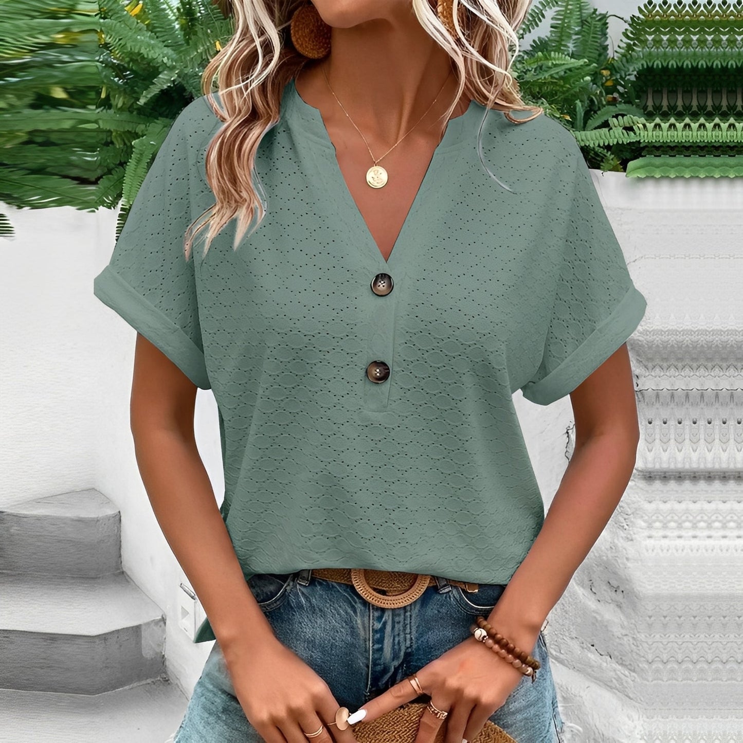 Damen Bluse Kurzarm Knöpfe Stilvoll