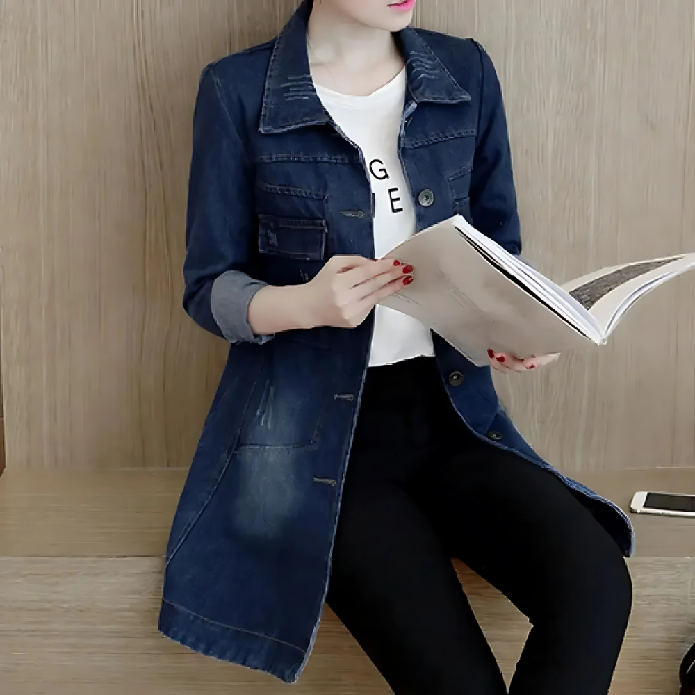 Damen Lange Jeansjacke Stickdetails Vintage Stil