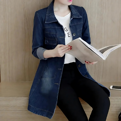 Damen Lange Jeansjacke Stickdetails Vintage Stil