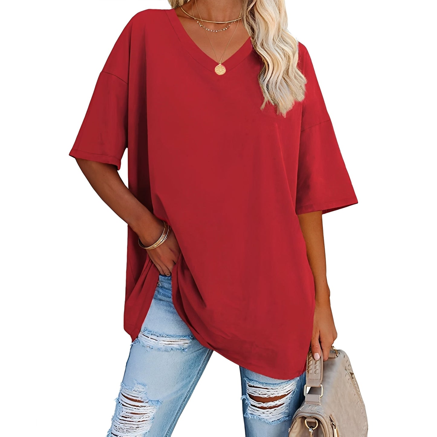 Damen V-Ausschnitt Shirt Lässig Baumwolle