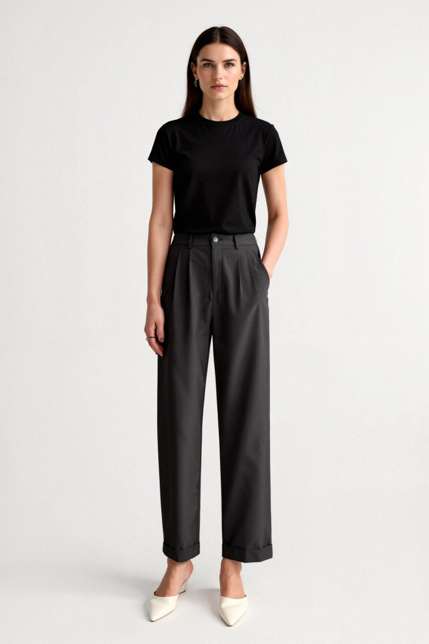Damen Slim-Fit-Hose Bundfalten Umschlag