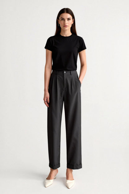 Damen Slim-Fit-Hose Bundfalten Umschlag