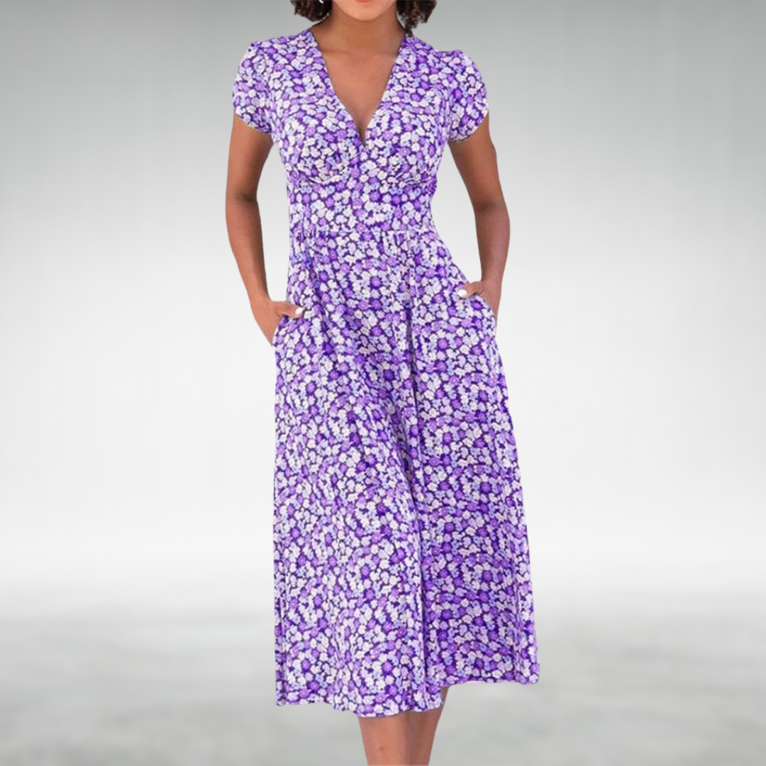 Damen Sommerkleid Blumenmuster Midi V-Ausschnitt mit Taschen