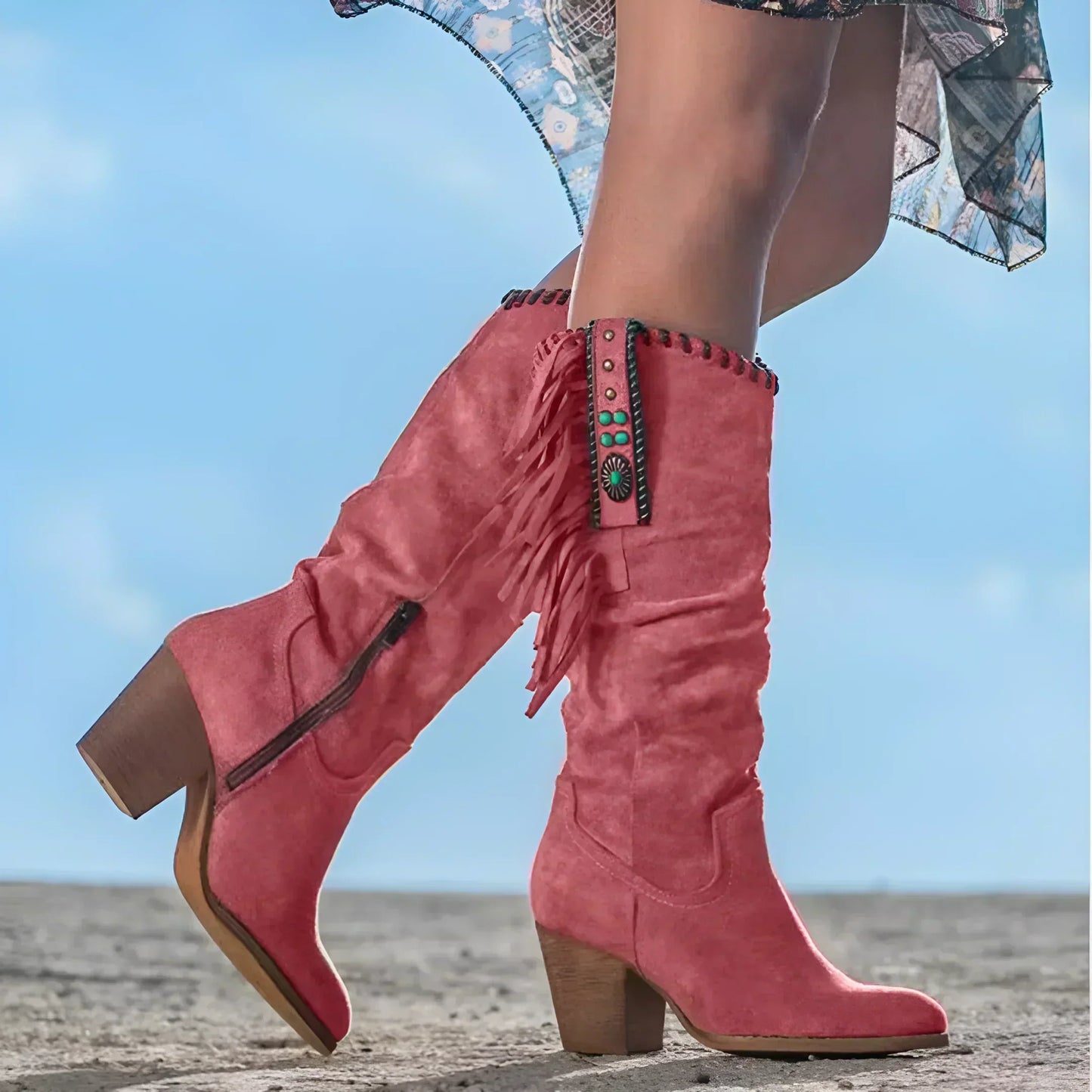 Damen Westernstiefel Fransen Leder Klobiger Absatz