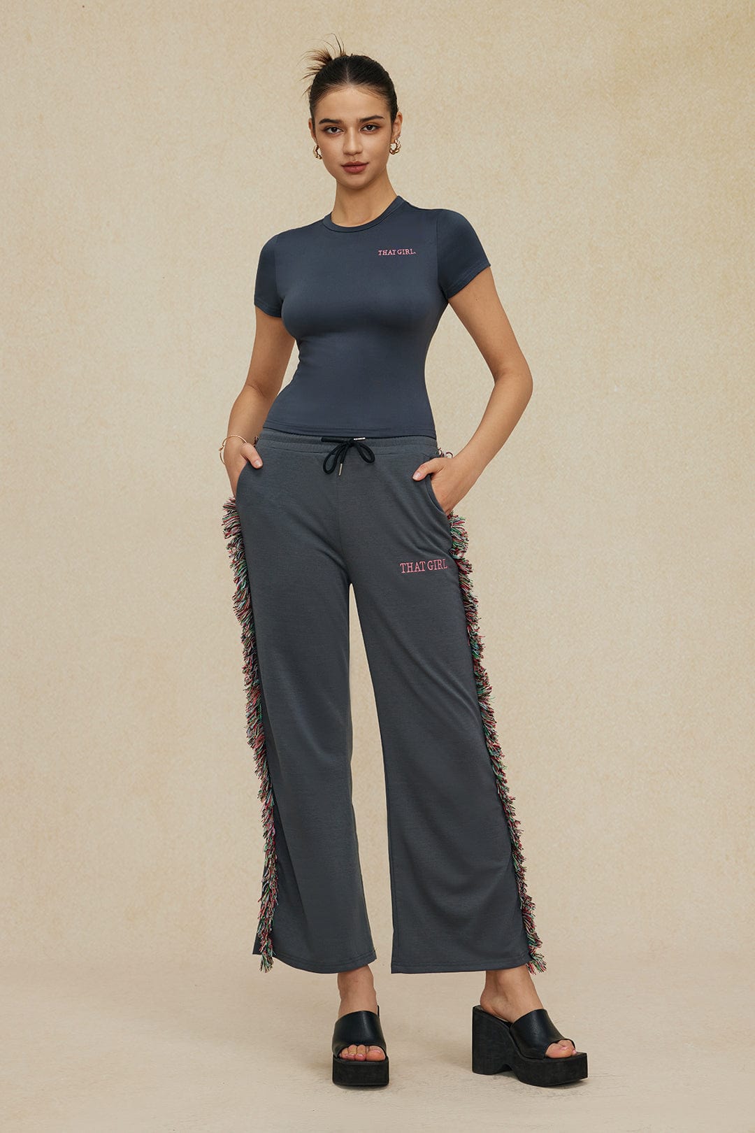 Damen Freizeit-Outfit Fransen-Design Grün