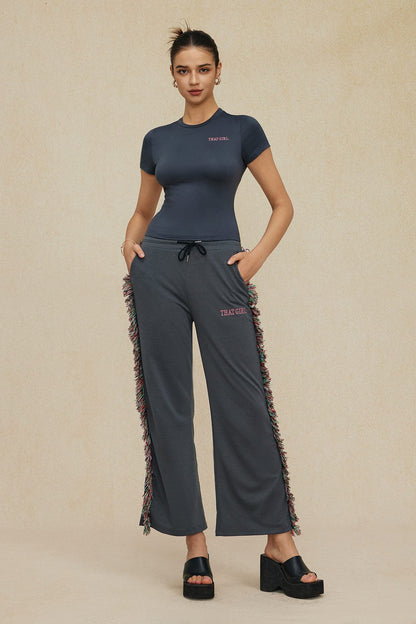 Damen Freizeit-Outfit Fransen-Design Grün