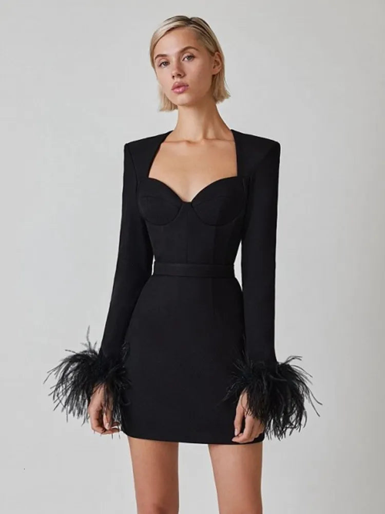 Damen Minikleid Elegant Mit Federdetails