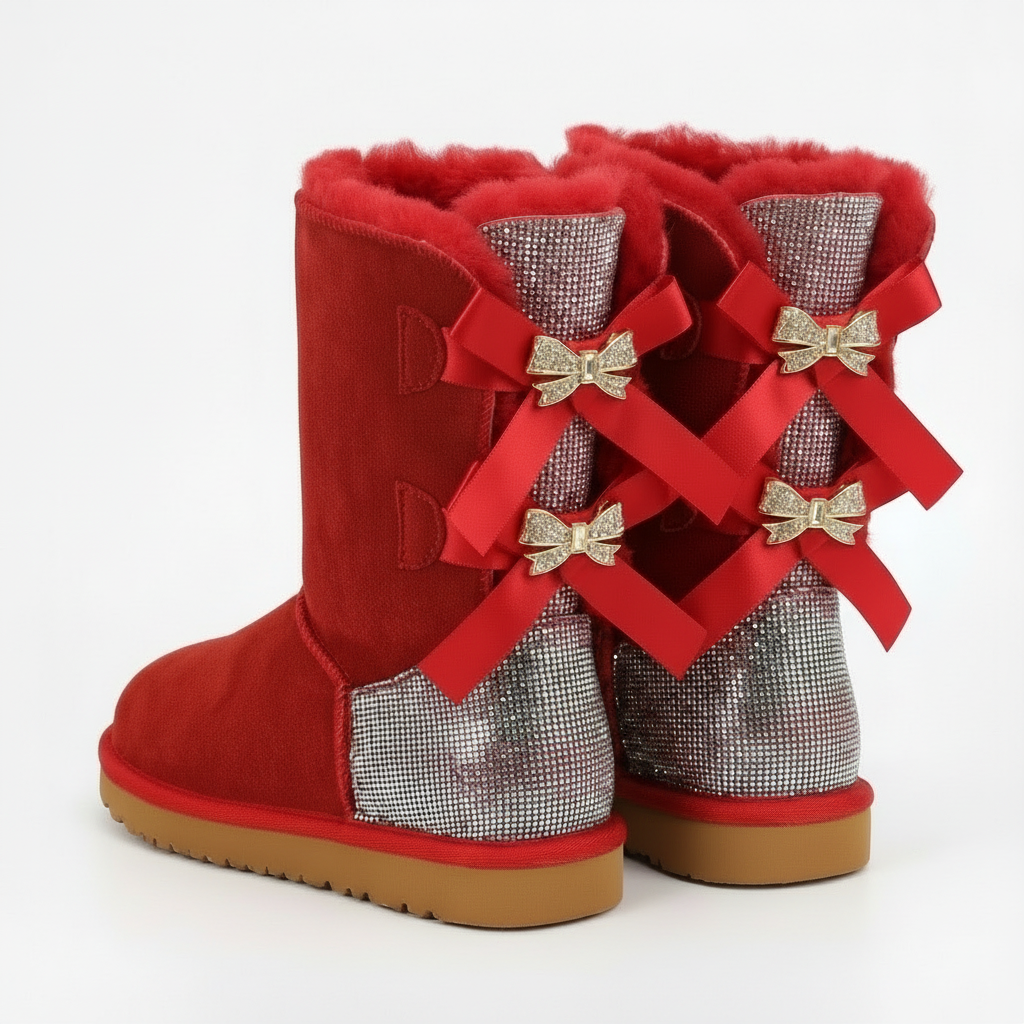 Damen Winterstiefel Wildleder Glitzer Schleife