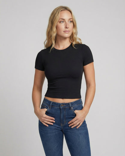 Damen T-Shirt Elastisch Slim Fit Rundhals Kurzarm Einfarbig Sommer