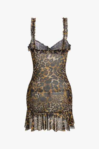 Damen Minikleid Leopard Rüschen Kurz