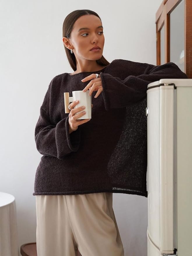 Damen Strickpullover Oversize Luftig Weite Ärmel