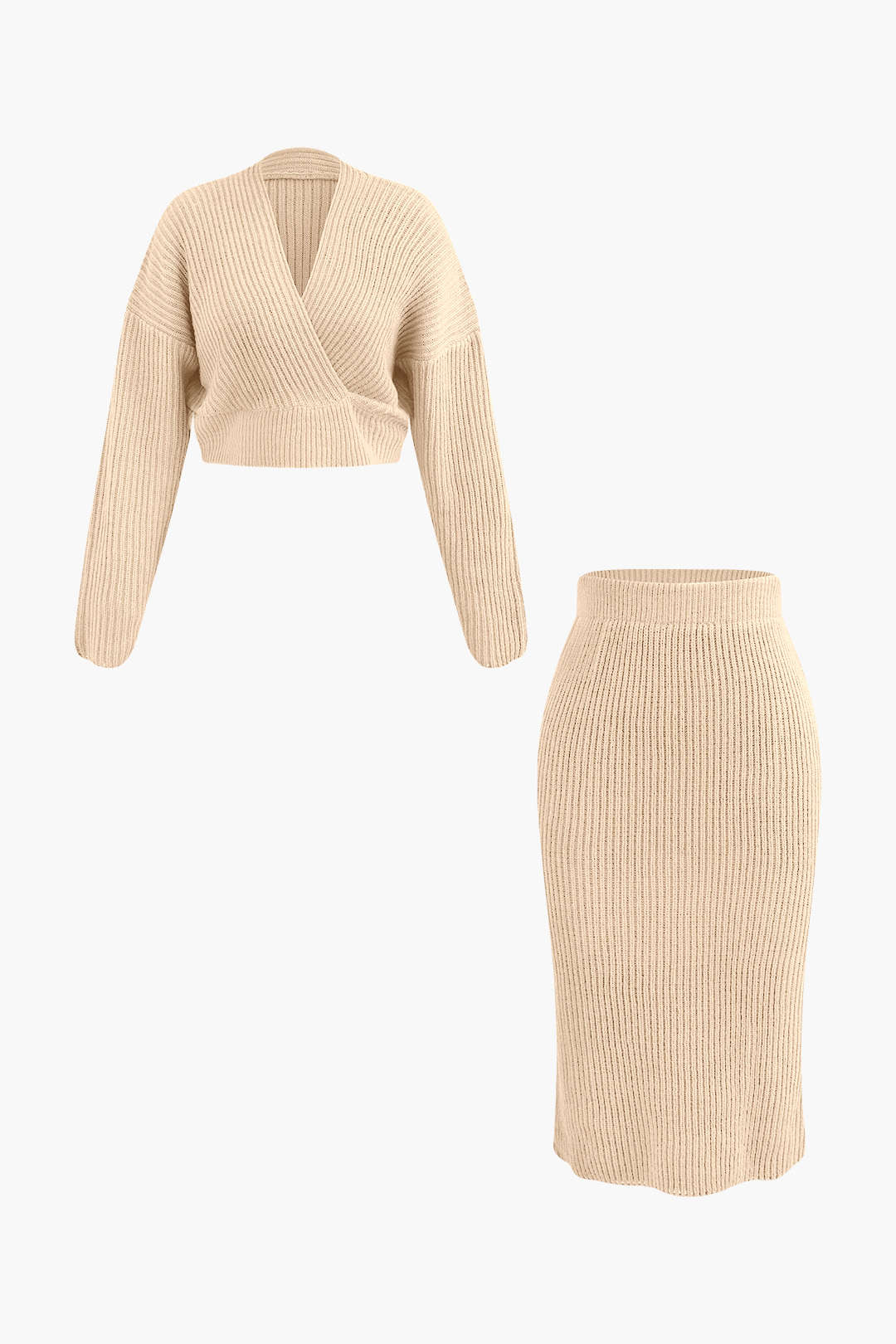 Damen Strick-Set Wickel-Oberteil Bleistiftrock Eleganz
