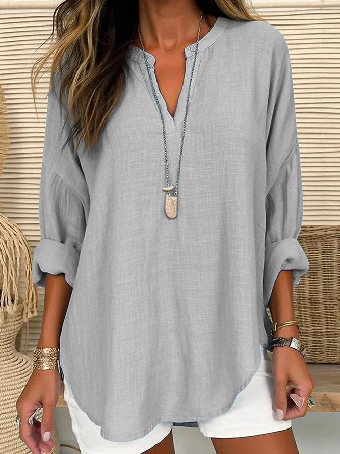 Damen Leinenbluse Lockere Knopfverschluss Sommer Weiss