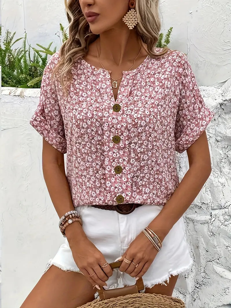 Damen Sommerbluse Kurzarmtop mit Knöpfen