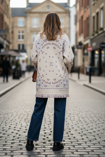 Damen Strickcardigan Warm mit Fransen und Muster