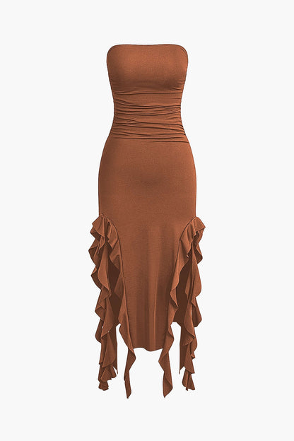 Damen Maxikleid Volant Rüschen Eleganz