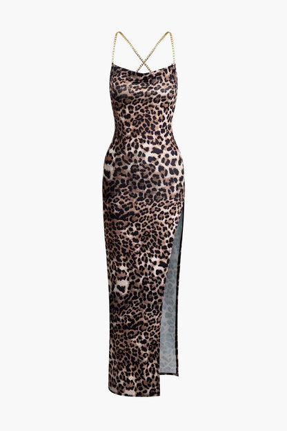 Damen Leopard Maxikleid Beinschlitz Abendkleid