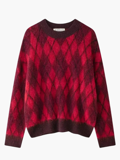 Rot Strickpullover Argyle Muster Damen Vintage Style - Norvielle