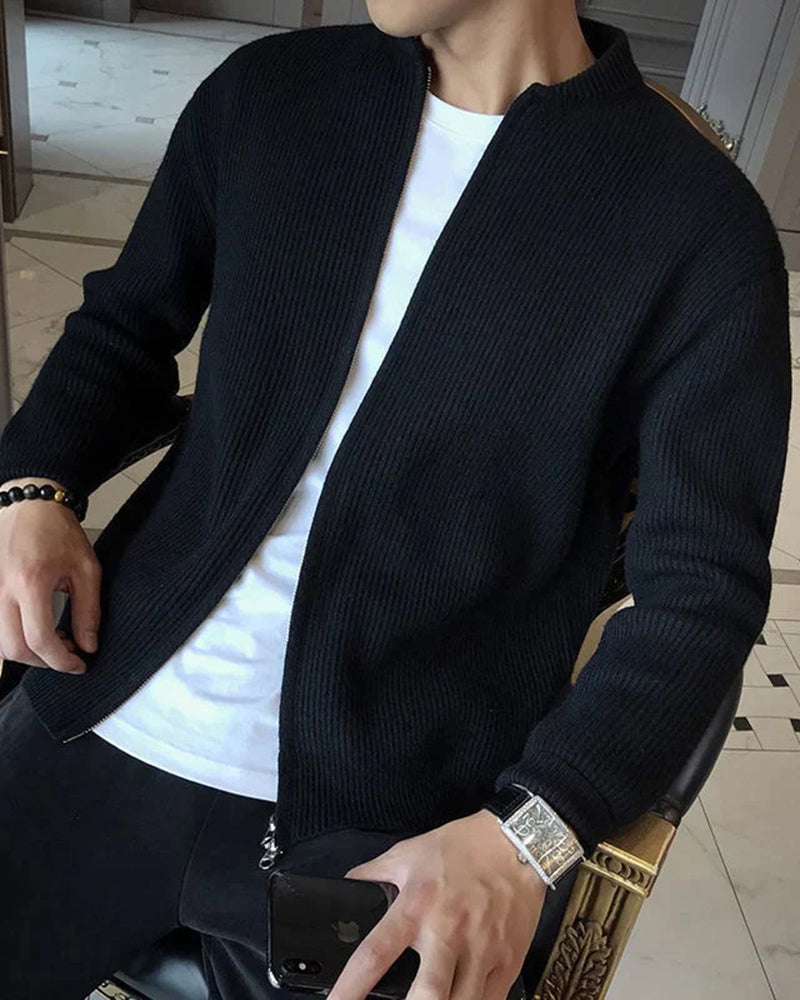 Herren Strickjacke Rippstrick Stehkragen Reißverschluss
