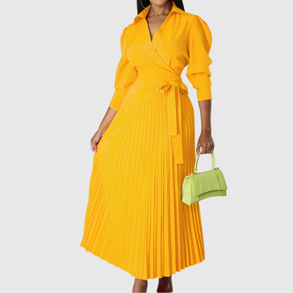 Damen Midikleid V-Ausschnitt Plissiert Elegantes Kleid