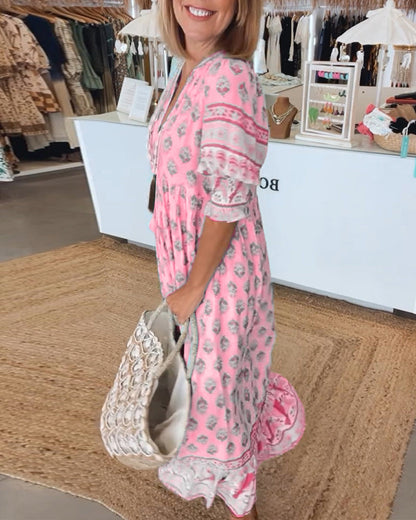 Damen Sommerkleid V-Ausschnitt Bedruckt Midi