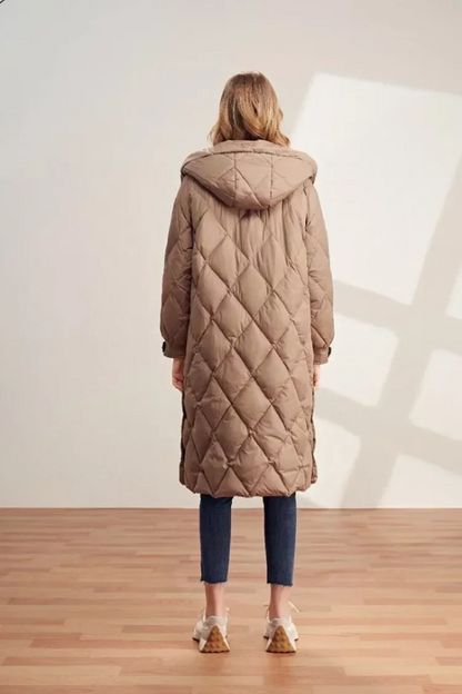 Damenmantel Lang mit Kapuze Diamantmuster Warm