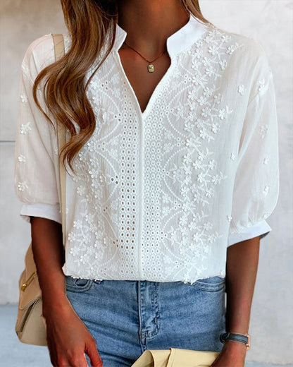 Damen Bluse V-Ausschnitt Puffärmel Elegante Seide