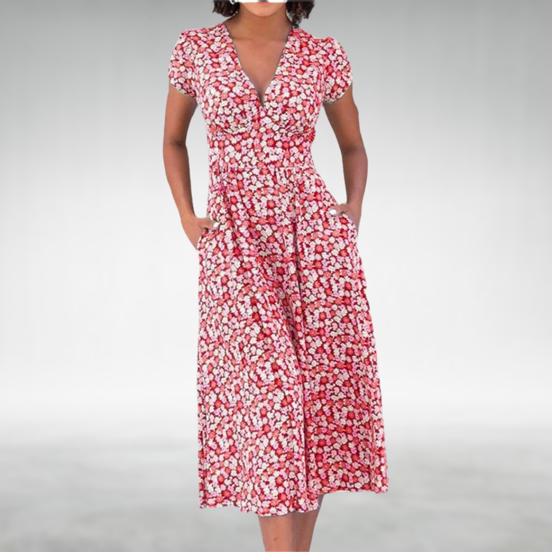 Damen Sommerkleid Blumenmuster Midi V-Ausschnitt mit Taschen