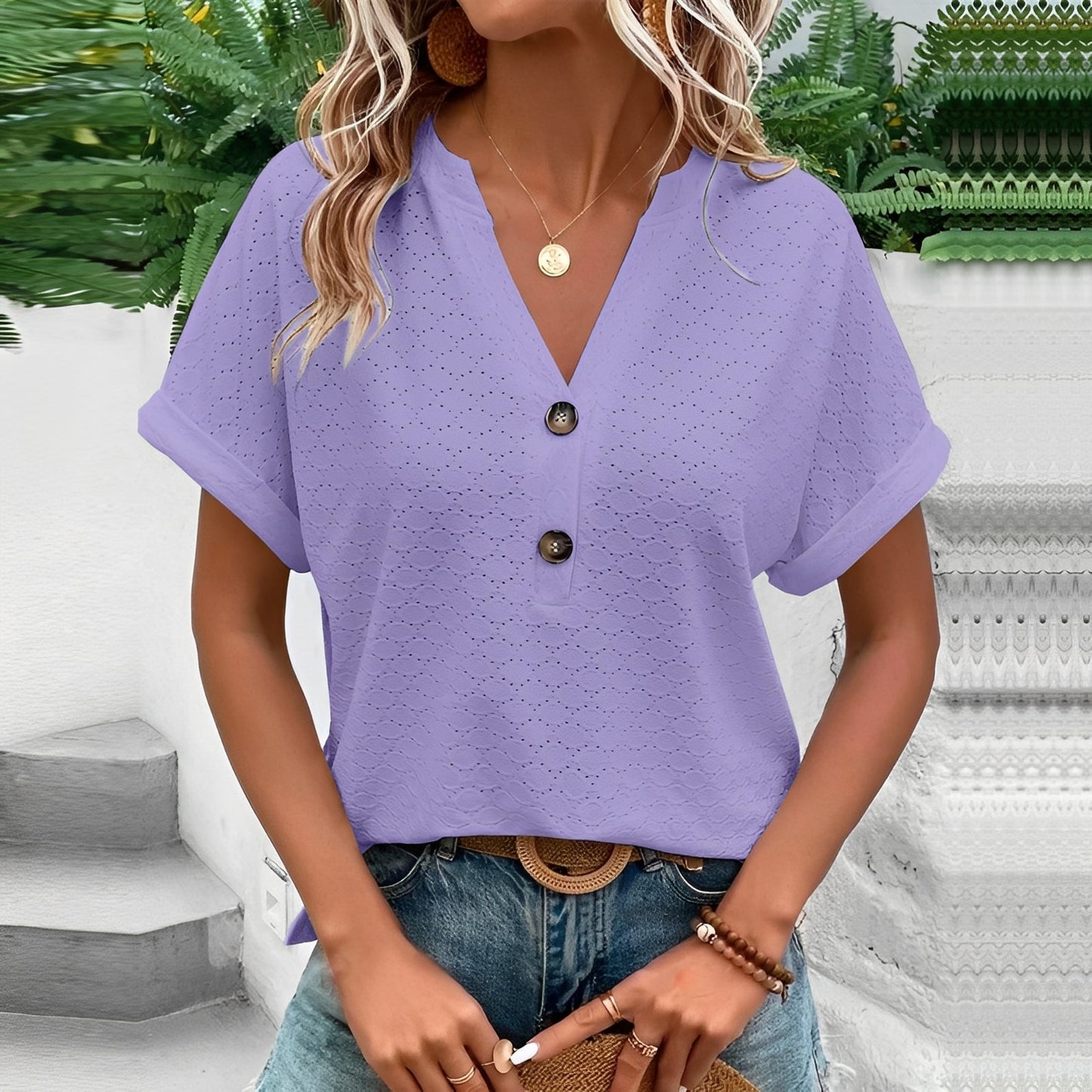 Damen Bluse Kurzarm Knöpfe Stilvoll
