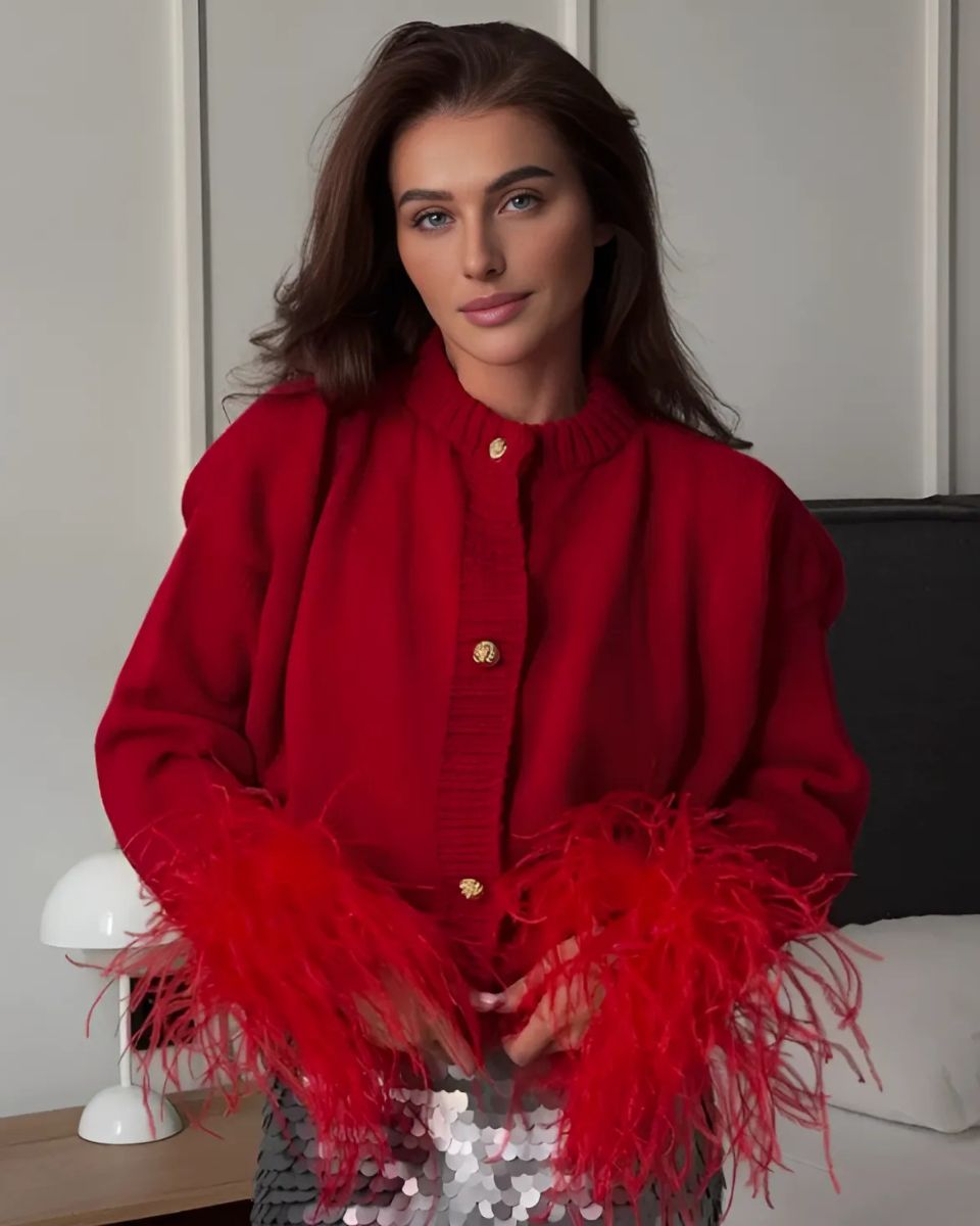 Damen Strickjacke Puffärmel Knöpfe
