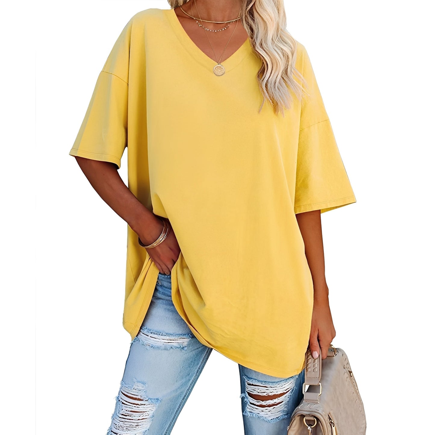 Damen V-Ausschnitt Shirt Lässig Baumwolle