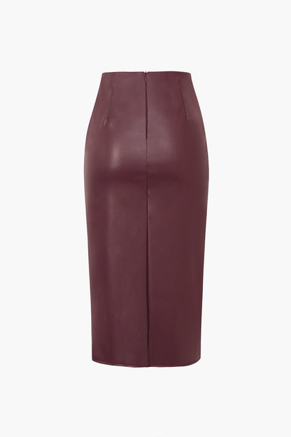 Damen Midirock Asymmetrisch Wickelrock Kunstleder