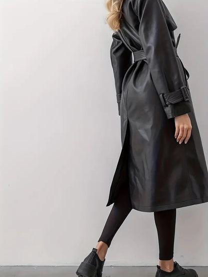 Damen Trenchcoat Lang Gürtetragend Kunstleder