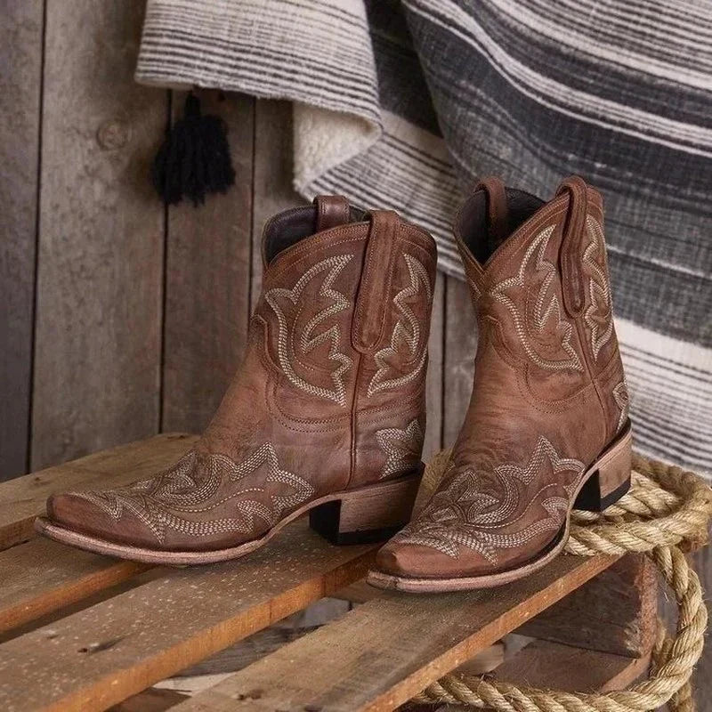 Lederstiefel Damen Cowboystil Bestickt Braun - Norvielle