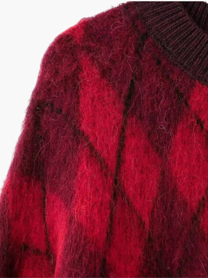 Rot Strickpullover Argyle Muster Damen Vintage Style