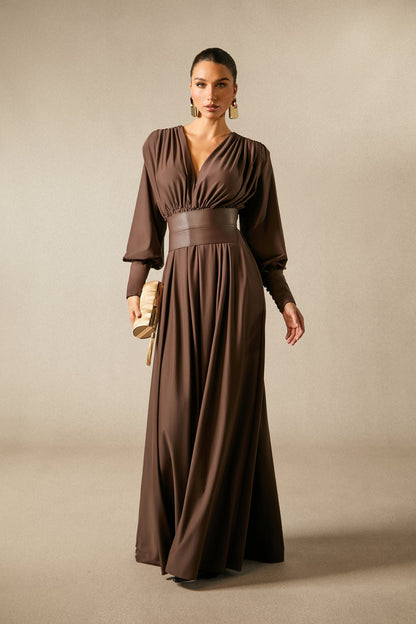 Damen Maxi-Kleid V-Ausschnitt Taillenband - Norvielle