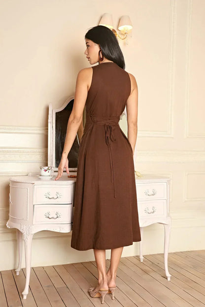 Damen Leinenkleid Ärmellos Braun Midi Figurbetonter Stil
